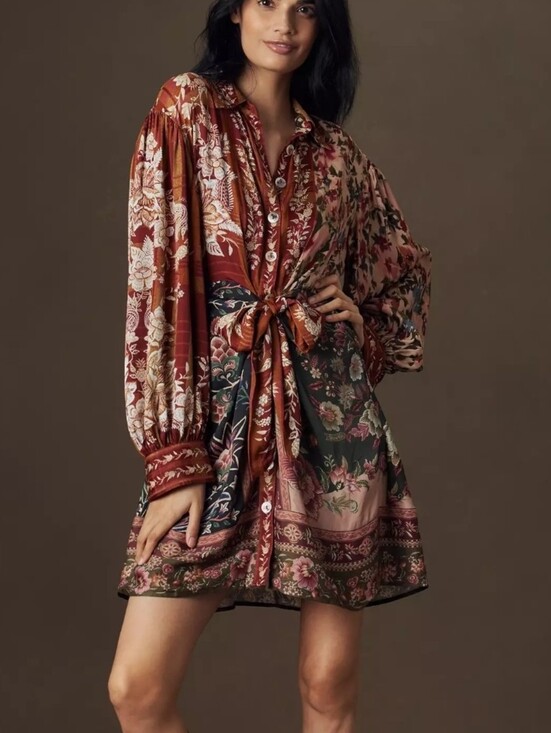 FARM Rio Dresses & Skirts - Farm Rio Long Sleeve Mixed Winter Garden Mini Dress Size Medium Boho Whimsical